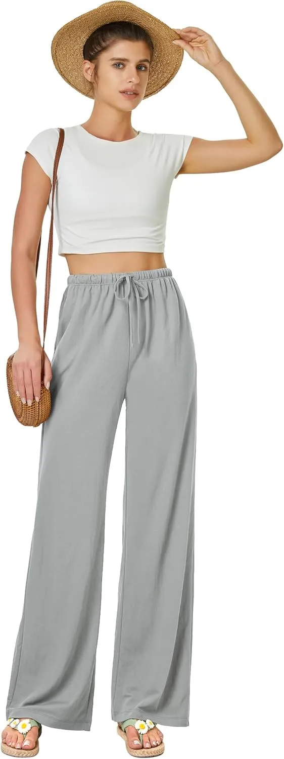 keriffe Women's Flowy Wide Leg Pants Casual Beach Pants High Waisted Drawstring Palazzo Trousers with Pockets