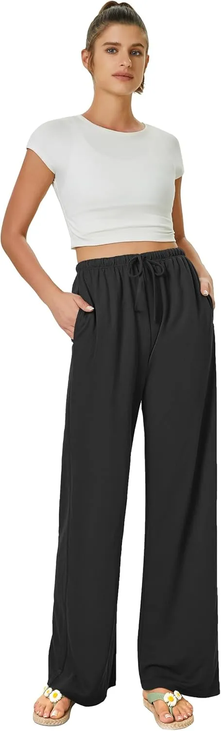 keriffe Women's Flowy Wide Leg Pants Casual Beach Pants High Waisted Drawstring Palazzo Trousers with Pockets