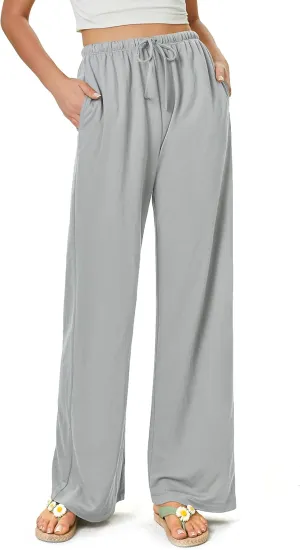 keriffe Women's Flowy Wide Leg Pants Casual Beach Pants High Waisted Drawstring Palazzo Trousers with Pockets