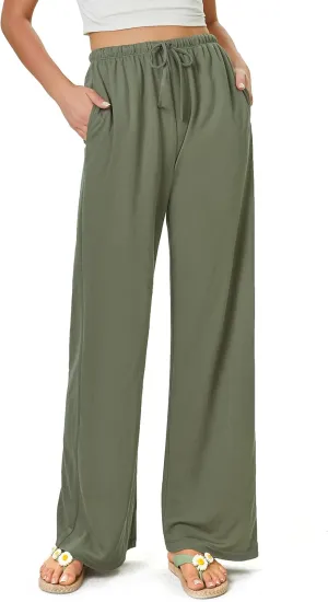 keriffe Women's Flowy Wide Leg Pants Casual Beach Pants High Waisted Drawstring Palazzo Trousers with Pockets