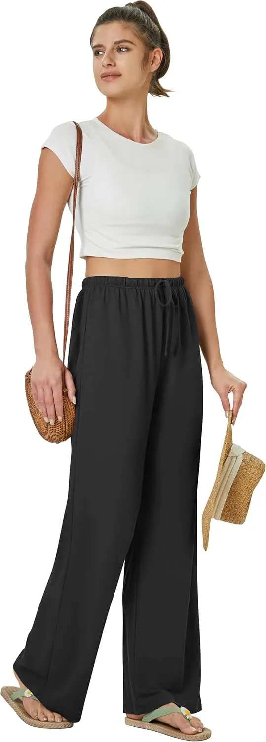 keriffe Women's Flowy Wide Leg Pants Casual Beach Pants High Waisted Drawstring Palazzo Trousers with Pockets