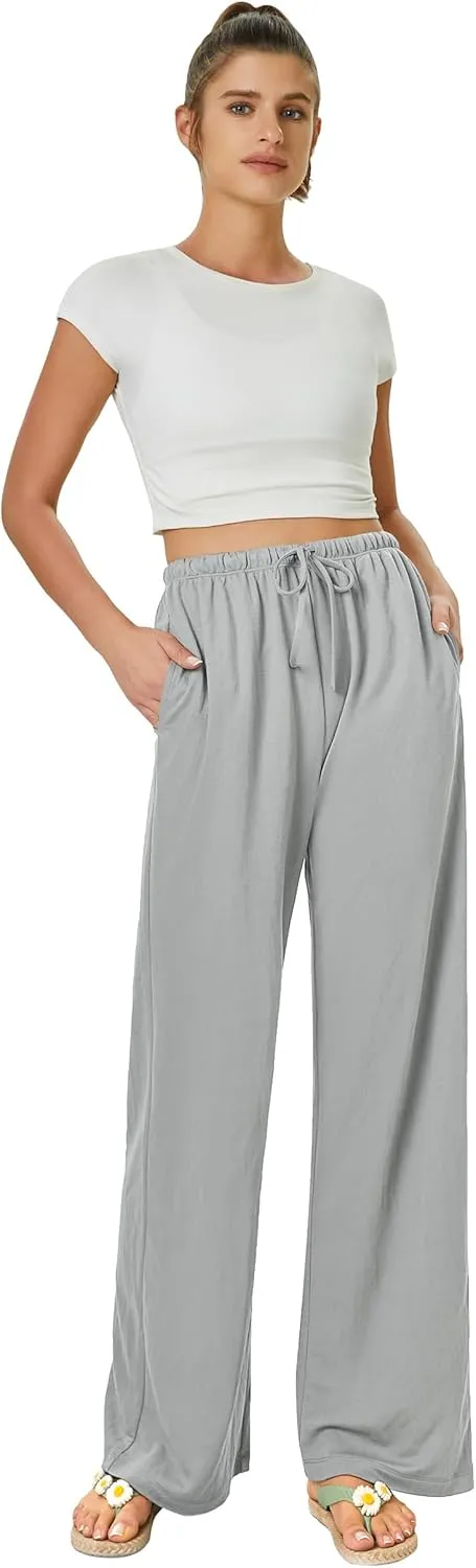 keriffe Women's Flowy Wide Leg Pants Casual Beach Pants High Waisted Drawstring Palazzo Trousers with Pockets