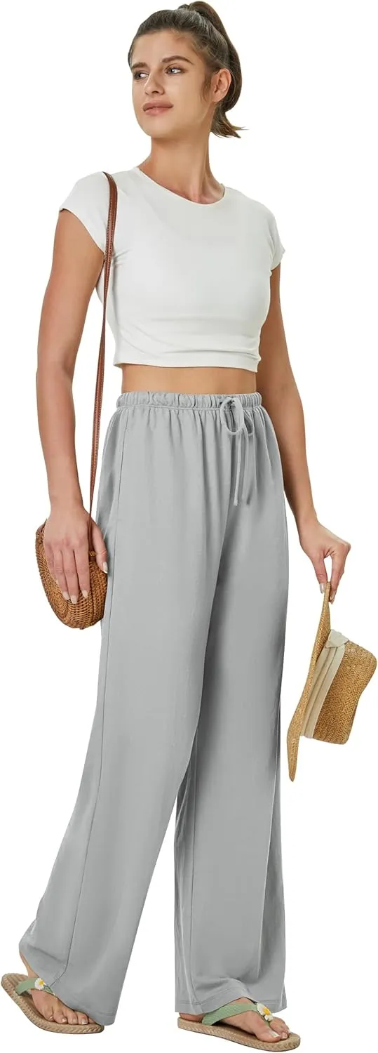keriffe Women's Flowy Wide Leg Pants Casual Beach Pants High Waisted Drawstring Palazzo Trousers with Pockets