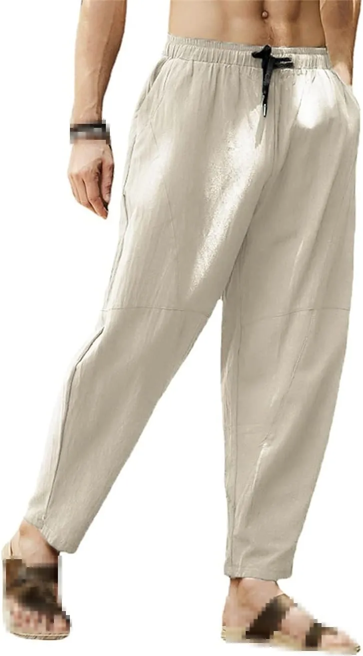 keusyoi Men's Harem Pants Cotton Linen Beach Pants Wide Leg Waist Loose Pants Casual Straight Elastic Waist Drawstring Pants