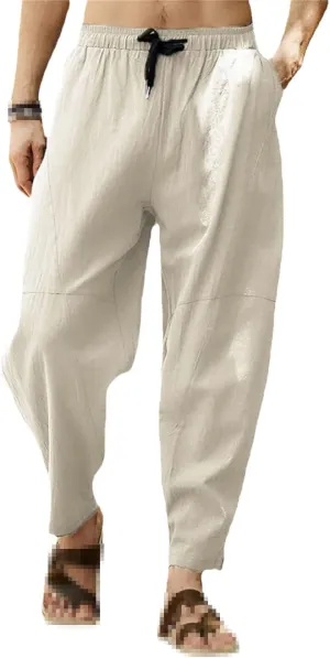 keusyoi Men's Harem Pants Cotton Linen Beach Pants Wide Leg Waist Loose Pants Casual Straight Elastic Waist Drawstring Pants