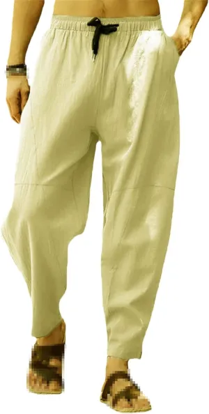 keusyoi Men's Harem Pants Cotton Linen Beach Pants Wide Leg Waist Loose Pants Casual Straight Elastic Waist Drawstring Pants