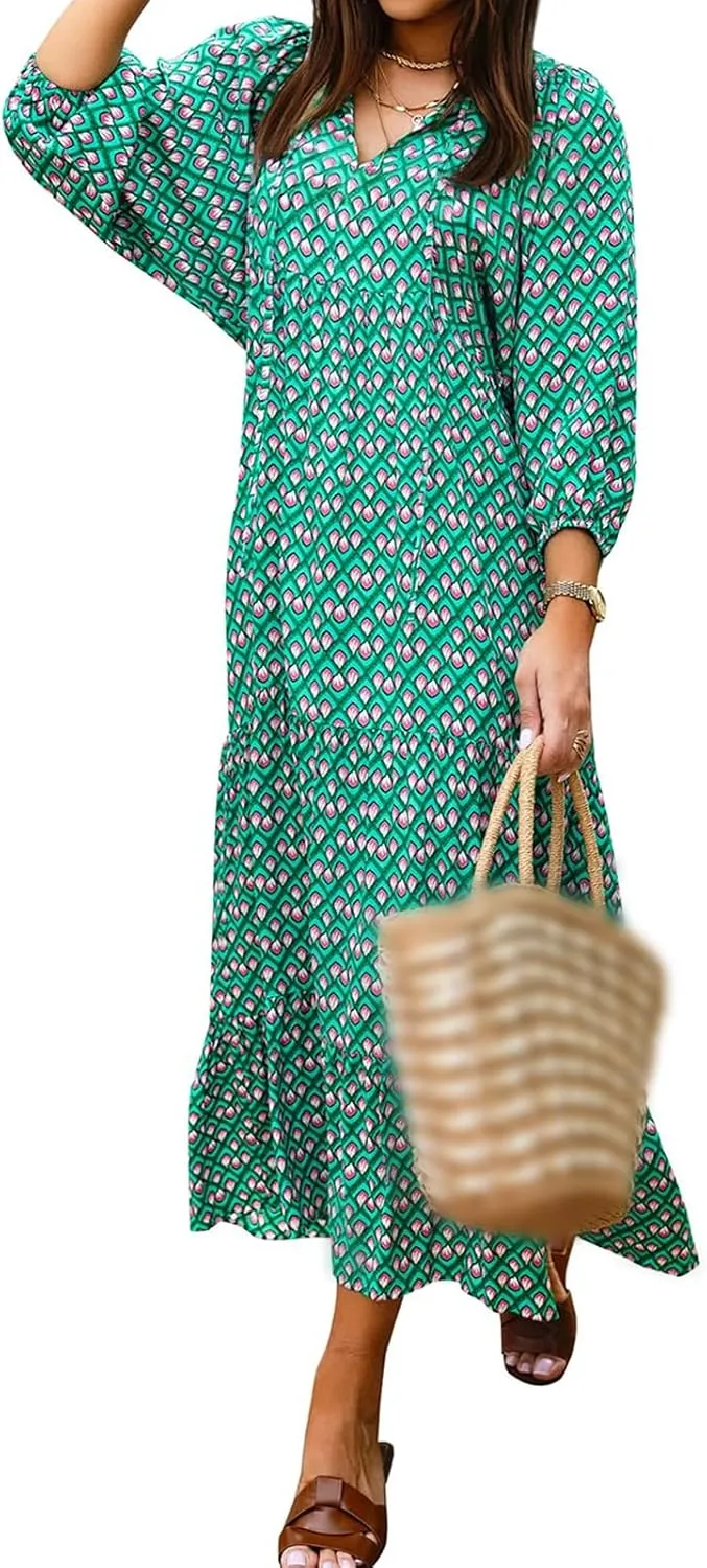 Kubbon Womens Summer Maxi Dress 2025 Puff Sleeve Boho Dresses Casual Geometric Pattern Flowy Beach Dress Vacation Travel