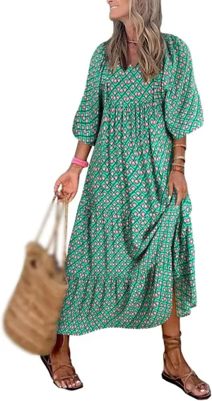 Kubbon Womens Summer Maxi Dress 2025 Puff Sleeve Boho Dresses Casual Geometric Pattern Flowy Beach Dress Vacation Travel
