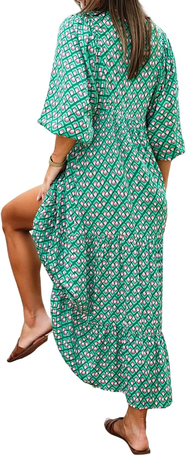 Kubbon Womens Summer Maxi Dress 2025 Puff Sleeve Boho Dresses Casual Geometric Pattern Flowy Beach Dress Vacation Travel