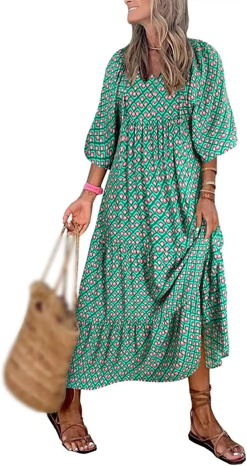 Kubbon Womens Summer Maxi Dress 2025 Puff Sleeve Boho Dresses Casual Geometric Pattern Flowy Beach Dress Vacation Travel