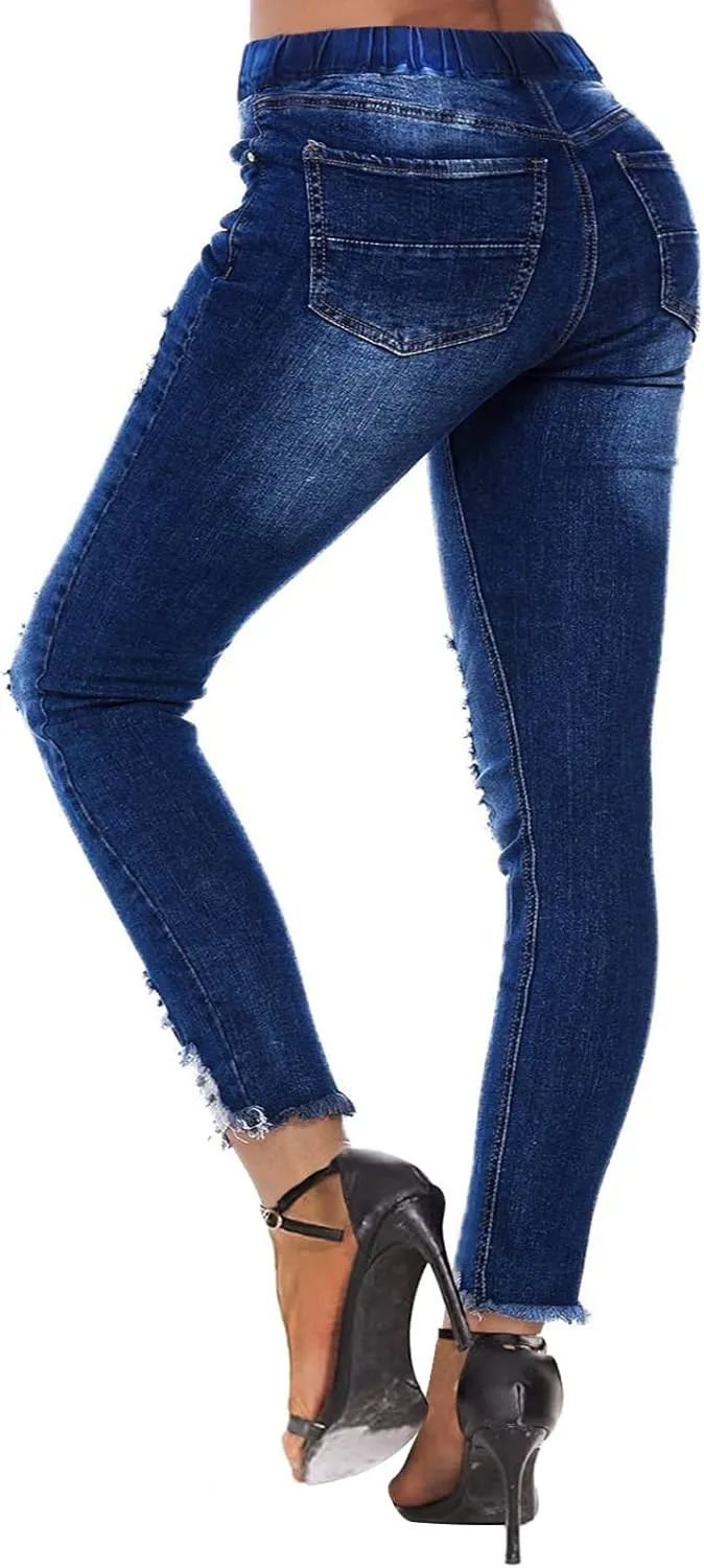 KUNMI Women High Waist Skinny Stretch Ripped Jeans Destroyed Denim Pants Plus Size