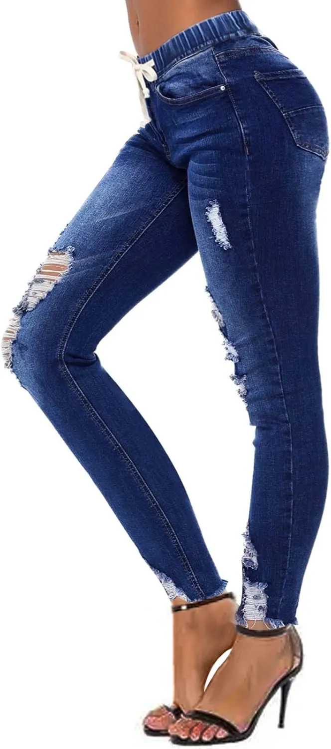 KUNMI Women High Waist Skinny Stretch Ripped Jeans Destroyed Denim Pants Plus Size