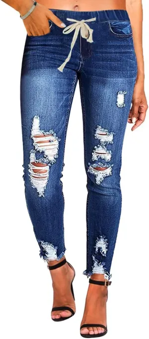 KUNMI Women High Waist Skinny Stretch Ripped Jeans Destroyed Denim Pants Plus Size