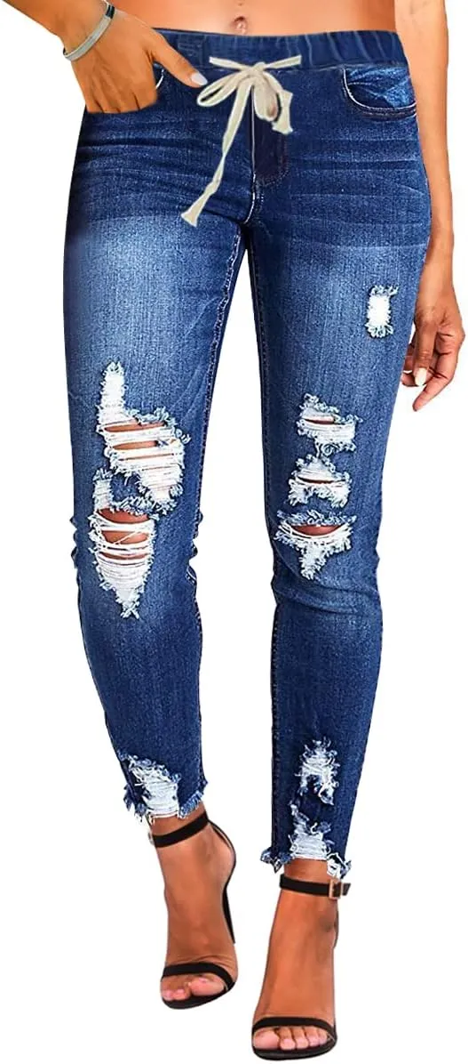KUNMI Women High Waist Skinny Stretch Ripped Jeans Destroyed Denim Pants Plus Size