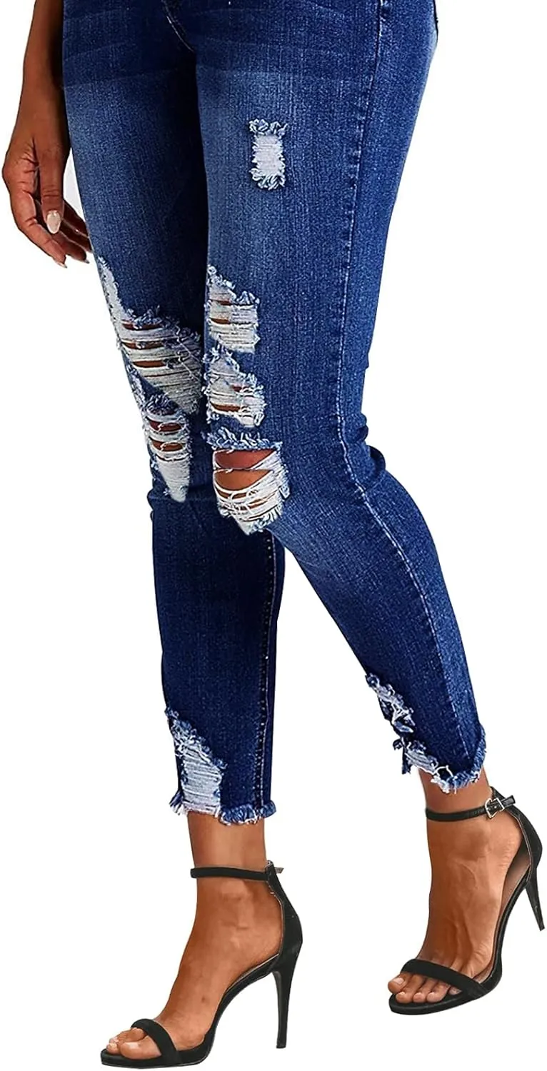 KUNMI Women High Waist Skinny Stretch Ripped Jeans Destroyed Denim Pants Plus Size