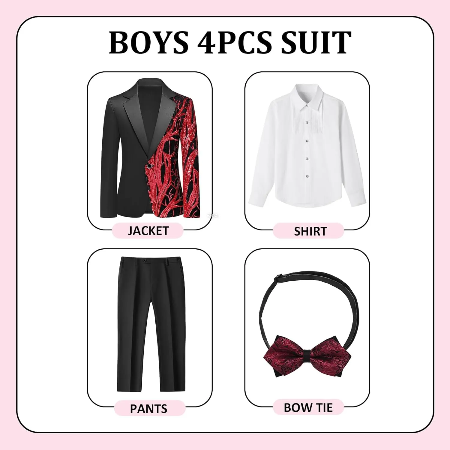 Lamgool Tuxedo Suits for Boys Kids Formal Outfit 4-Piece Set with Sequin Blazer Dress Shirt Black Pants Bow tie Prom Wedding