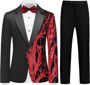 Lamgool Tuxedo Suits for Boys Kids Formal Outfit 4-Piece Set with Sequin Blazer Dress Shirt Black Pants Bow tie Prom Wedding