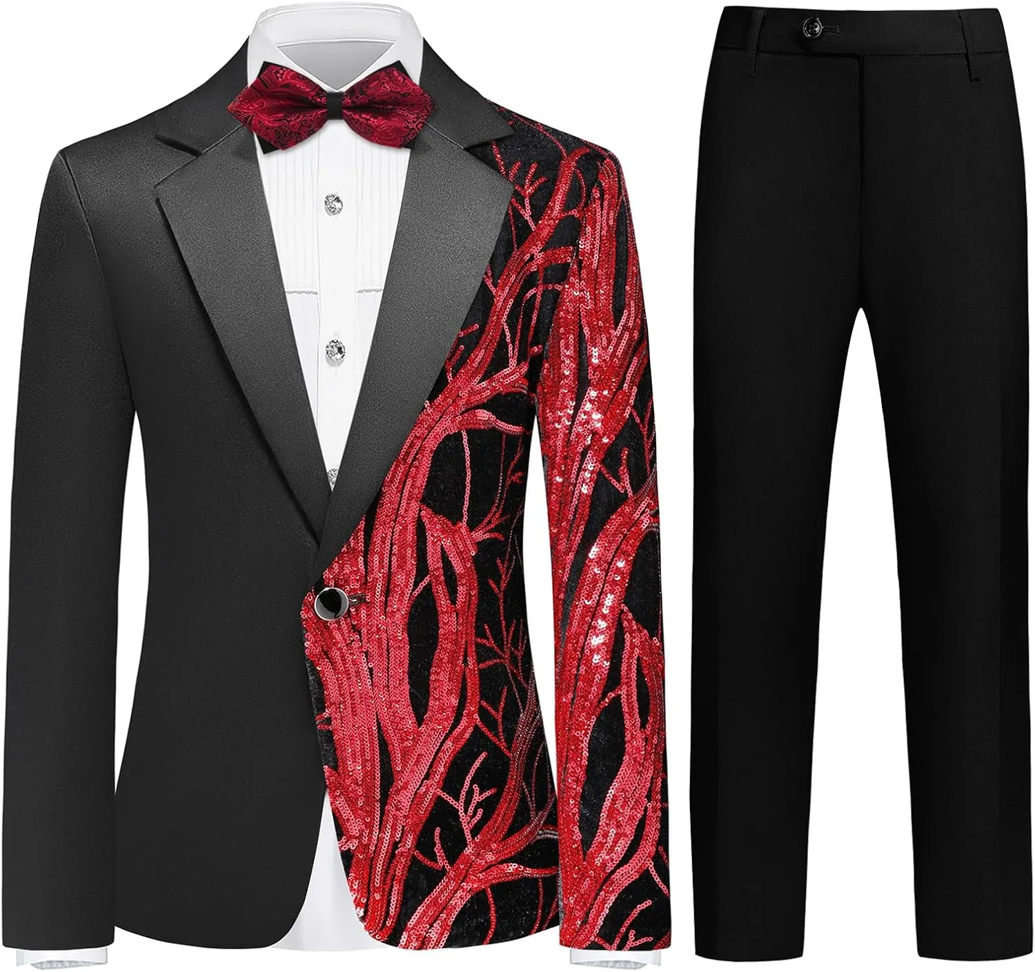 Lamgool Tuxedo Suits for Boys Kids Formal Outfit 4-Piece Set with Sequin Blazer Dress Shirt Black Pants Bow tie Prom Wedding