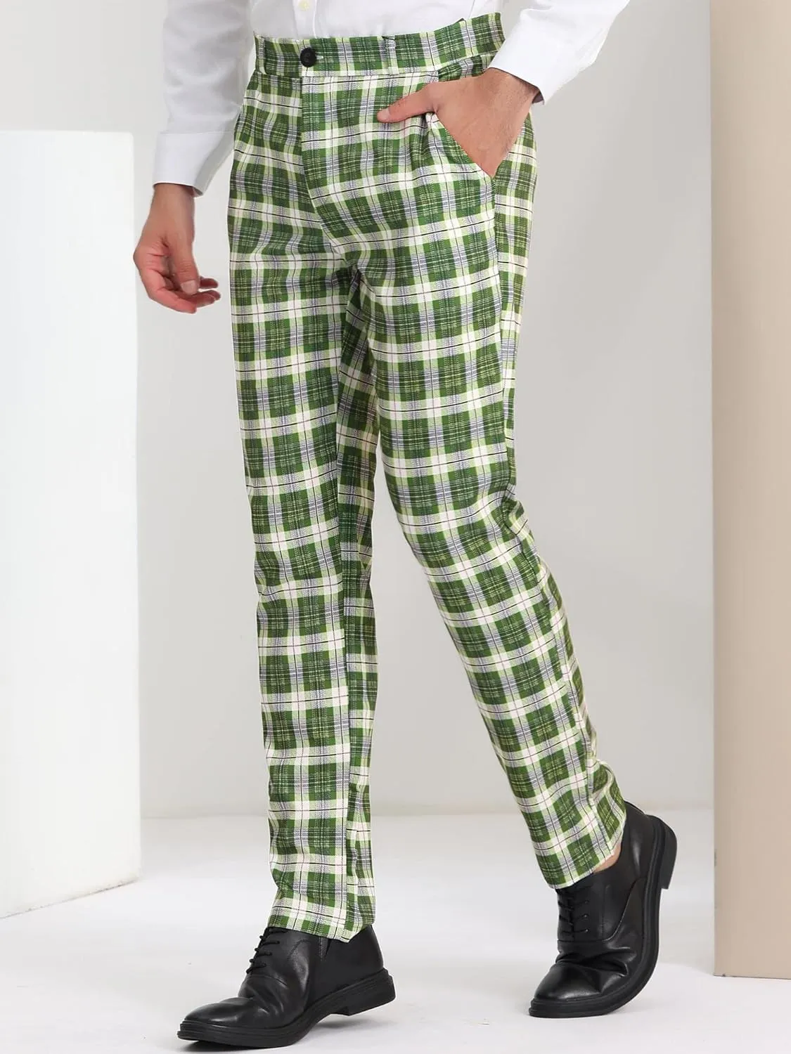 Lars Amadeus Men's Plaid Dress Pants Flat Front Regular Fit Business Checked Trousers
