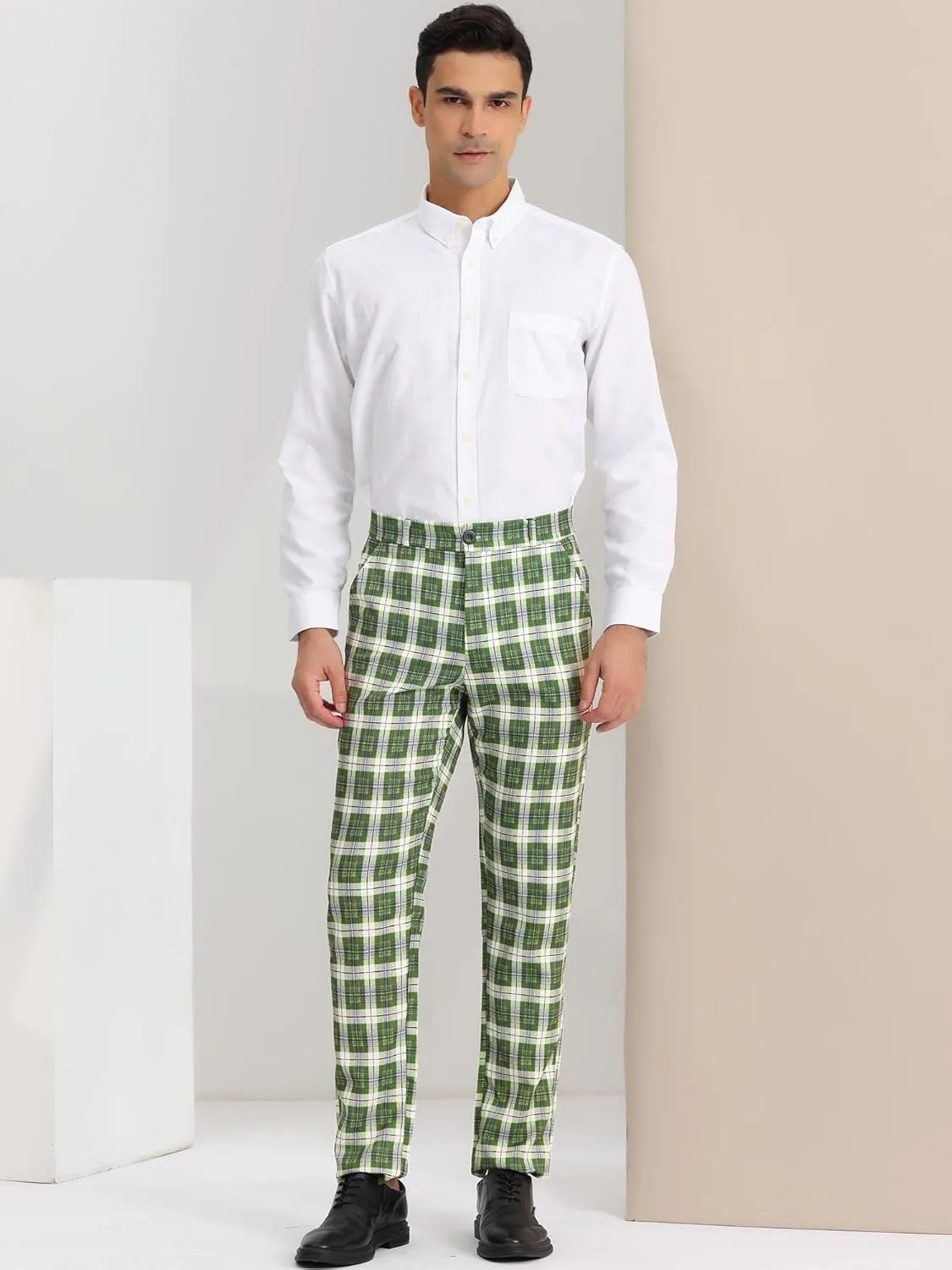 Lars Amadeus Men's Plaid Dress Pants Flat Front Regular Fit Business Checked Trousers