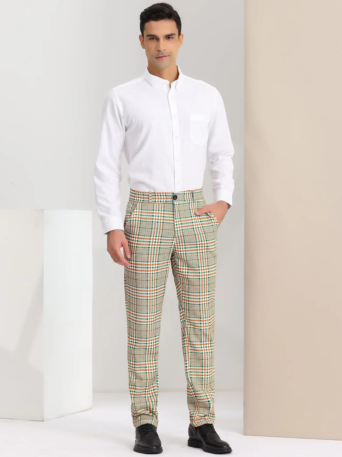 Lars Amadeus Men's Plaid Dress Pants Flat Front Regular Fit Business Checked Trousers
