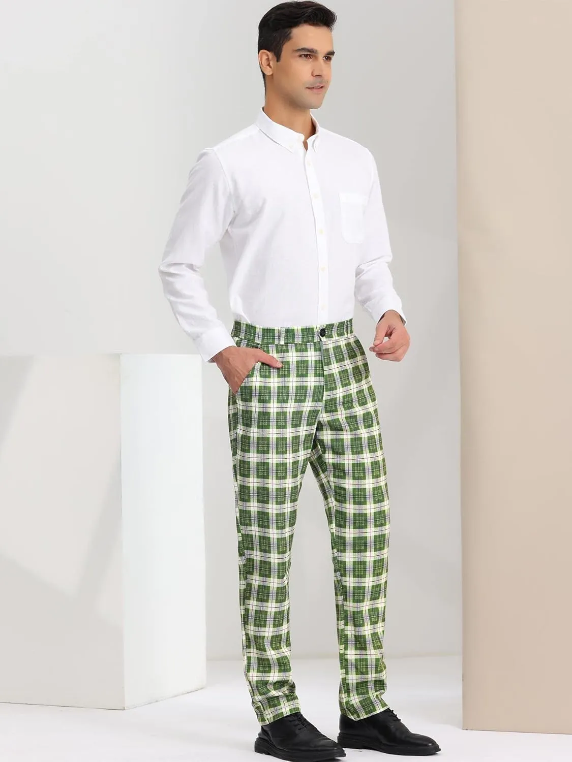 Lars Amadeus Men's Plaid Dress Pants Flat Front Regular Fit Business Checked Trousers