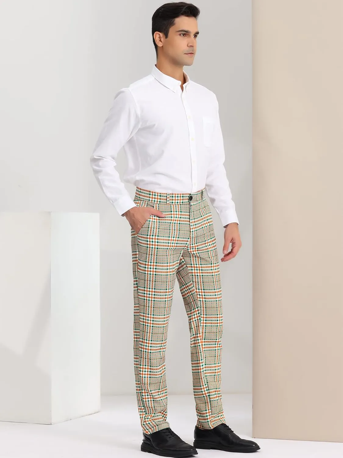 Lars Amadeus Men's Plaid Dress Pants Flat Front Regular Fit Business Checked Trousers