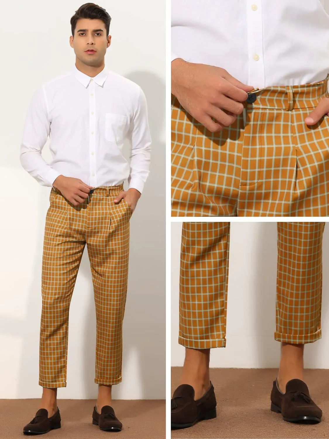 Lars Amadeus Plaid Cropped Pants for Men's Slim Fit Business Dress Pants Checked Slacks
