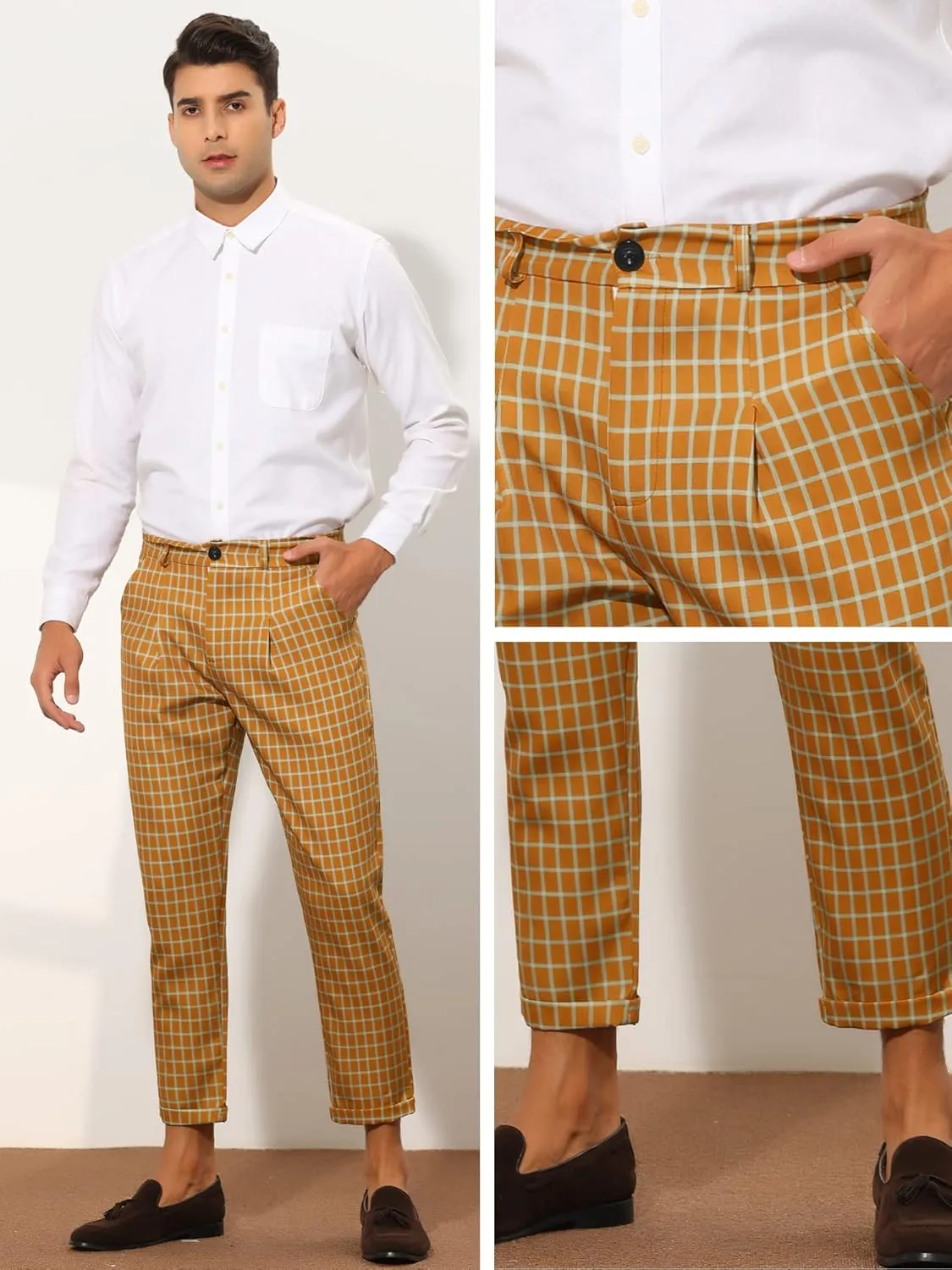 Lars Amadeus Plaid Cropped Pants for Men's Slim Fit Business Dress Pants Checked Slacks