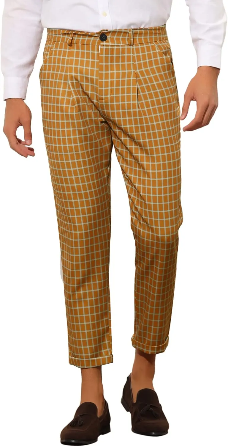 Lars Amadeus Plaid Cropped Pants for Men's Slim Fit Business Dress Pants Checked Slacks