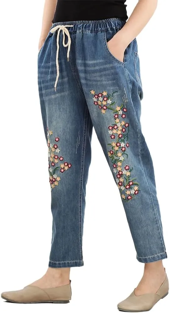 Lavnis Women's Cropped Jeans Cotton Loose Denim Pants Casual Elastic Waist Ripped Jean Joggers