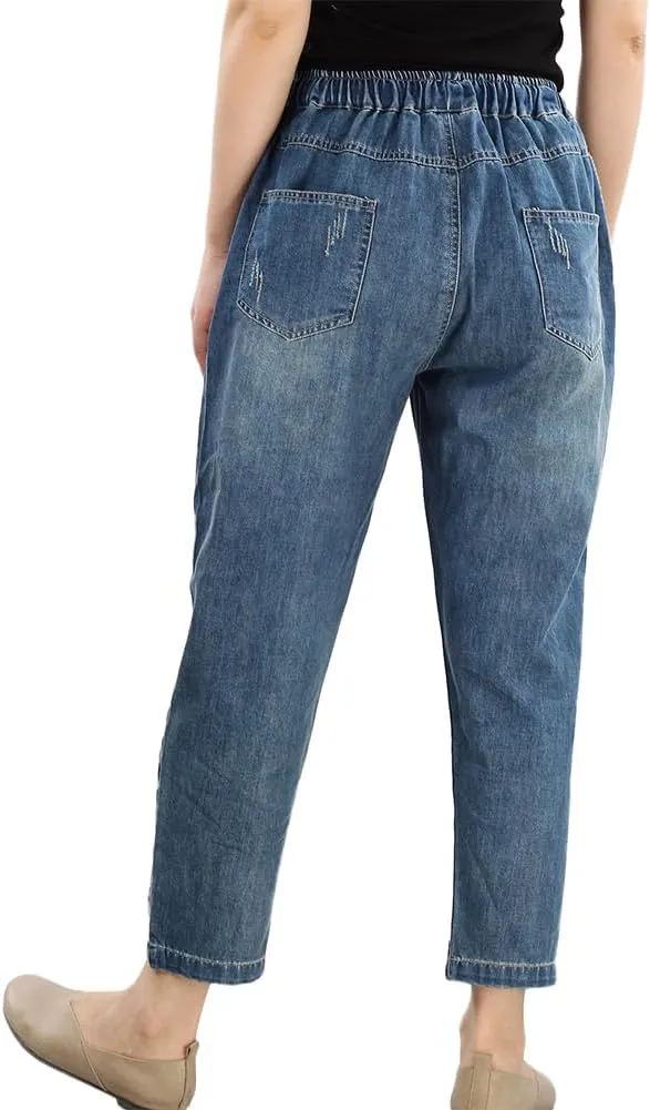 Lavnis Women's Cropped Jeans Cotton Loose Denim Pants Casual Elastic Waist Ripped Jean Joggers