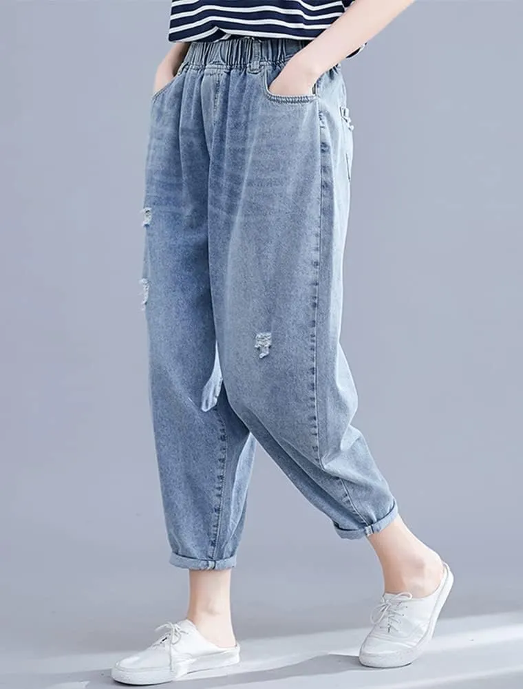 Lavnis Women's Cropped Jeans Cotton Loose Denim Pants Casual Elastic Waist Ripped Jean Joggers