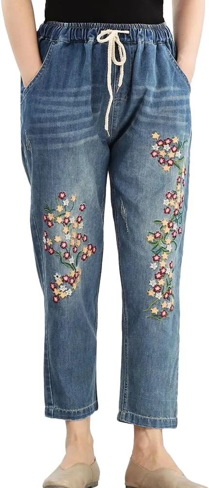 Lavnis Women's Cropped Jeans Cotton Loose Denim Pants Casual Elastic Waist Ripped Jean Joggers