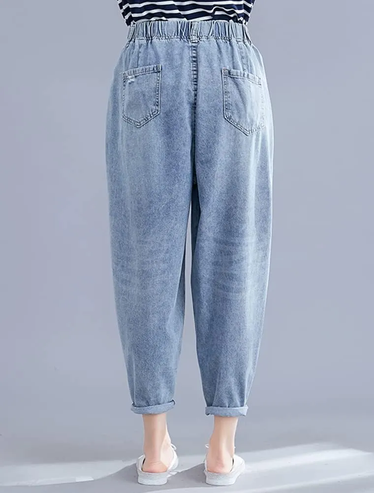 Lavnis Women's Cropped Jeans Cotton Loose Denim Pants Casual Elastic Waist Ripped Jean Joggers