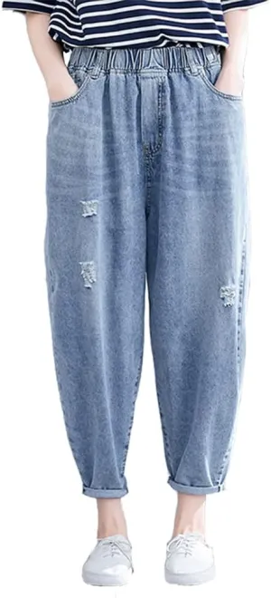 Lavnis Women's Cropped Jeans Cotton Loose Denim Pants Casual Elastic Waist Ripped Jean Joggers