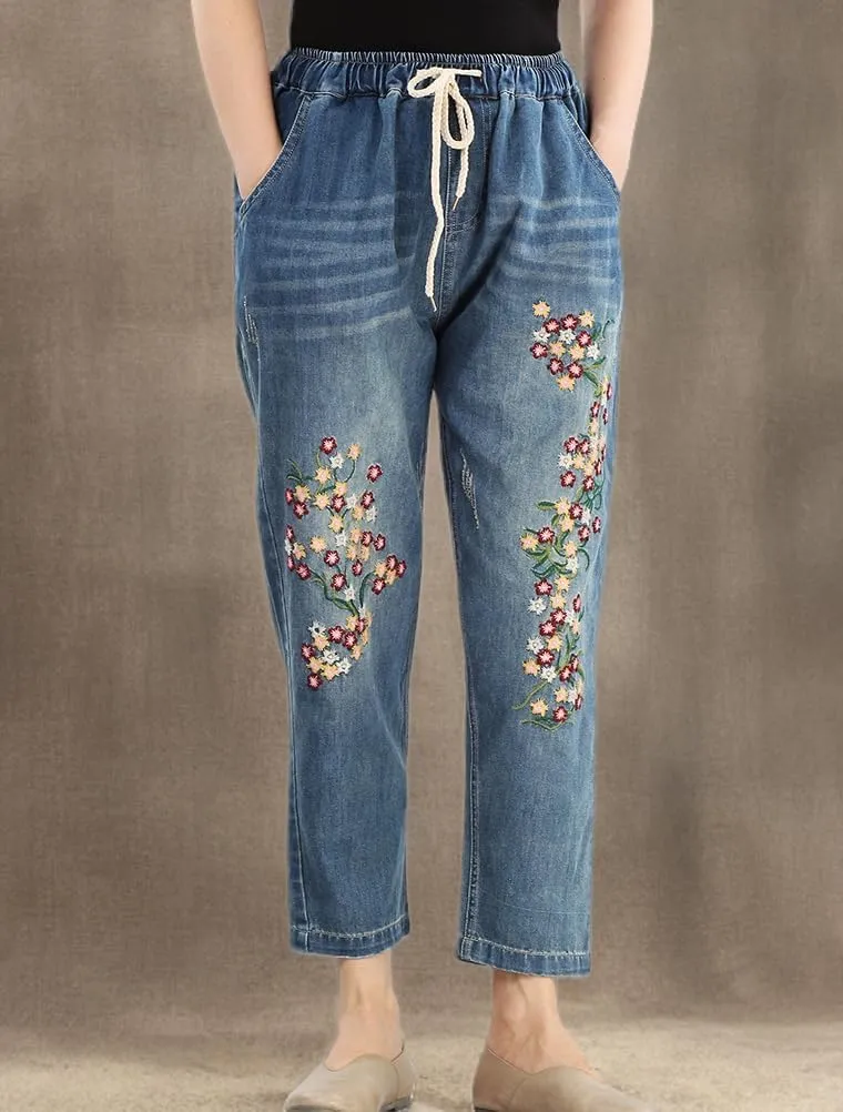 Lavnis Women's Cropped Jeans Cotton Loose Denim Pants Casual Elastic Waist Ripped Jean Joggers
