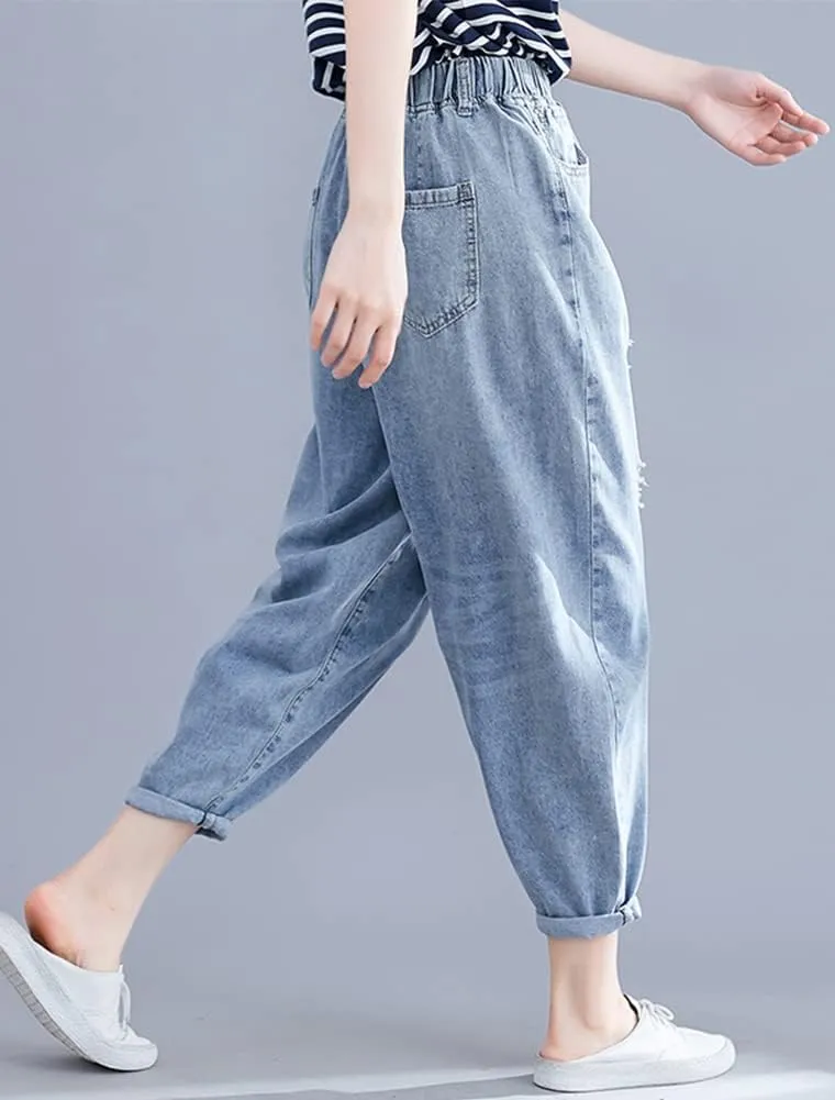 Lavnis Women's Cropped Jeans Cotton Loose Denim Pants Casual Elastic Waist Ripped Jean Joggers