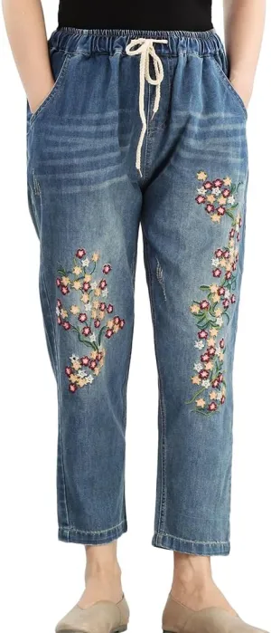 Lavnis Women's Cropped Jeans Cotton Loose Denim Pants Casual Elastic Waist Ripped Jean Joggers