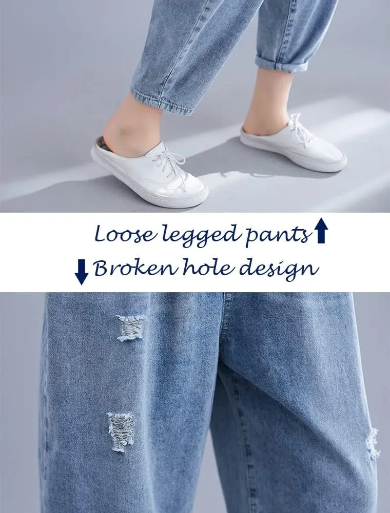 Lavnis Women's Cropped Jeans Cotton Loose Denim Pants Casual Elastic Waist Ripped Jean Joggers