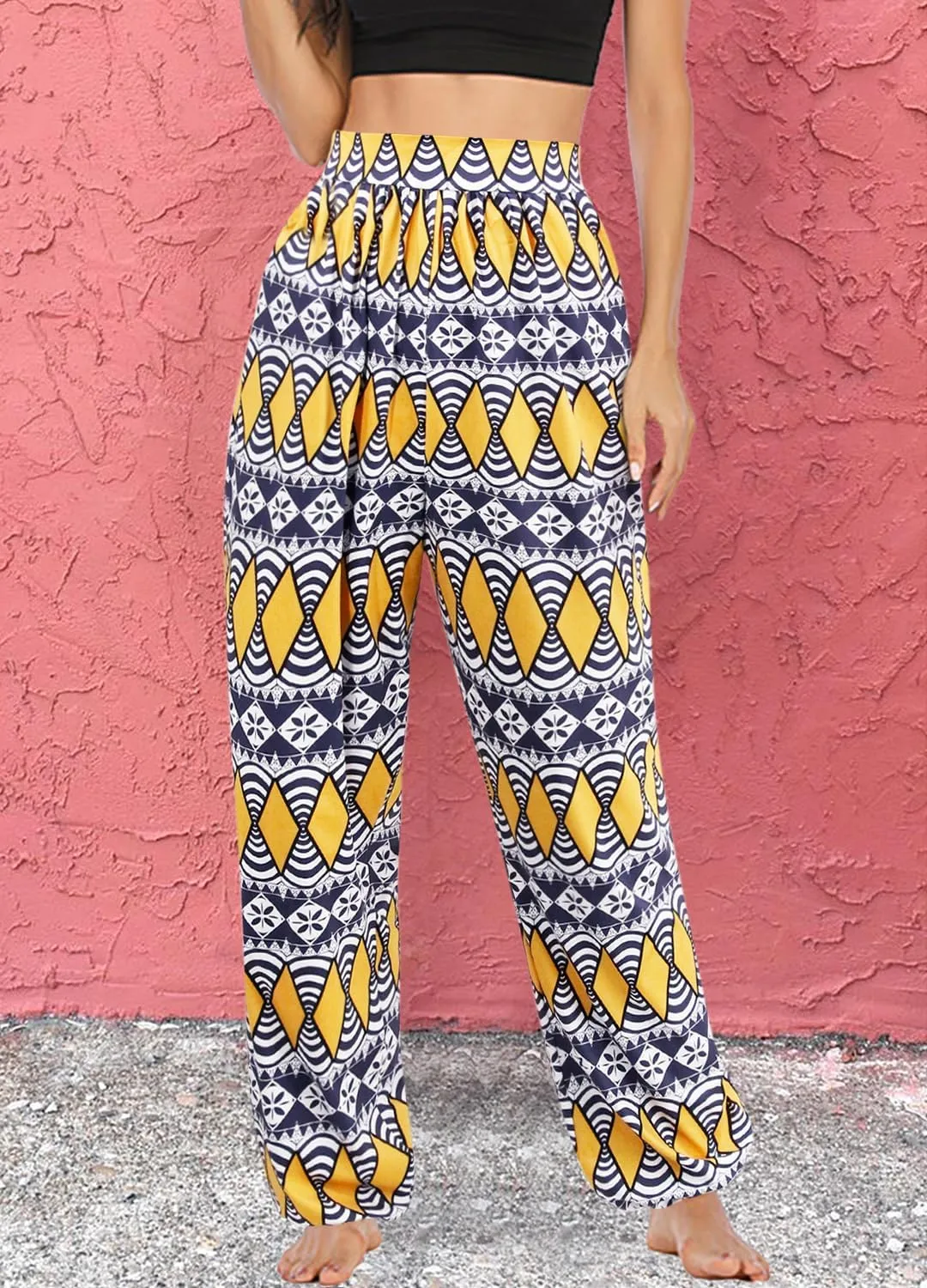 Liliam Women's Boho Floral Print Harem Pants High Waist Hippie Pants Trousers with Pockets