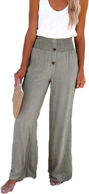 Linen Blend High Rise Smocked Pants,Women's Summer Solid High Waisted Loose Casual Elastic Waist Wide-Leg Trousers