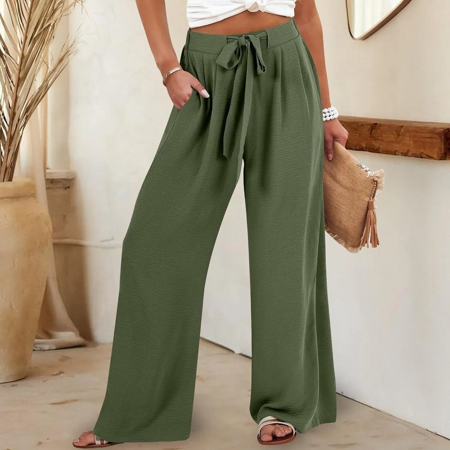 Linen Pants for Women 2025 Summer High Waisted Wide Leg Palazzo Pants Casual Loose Flowy Beach Trousers with Pockets