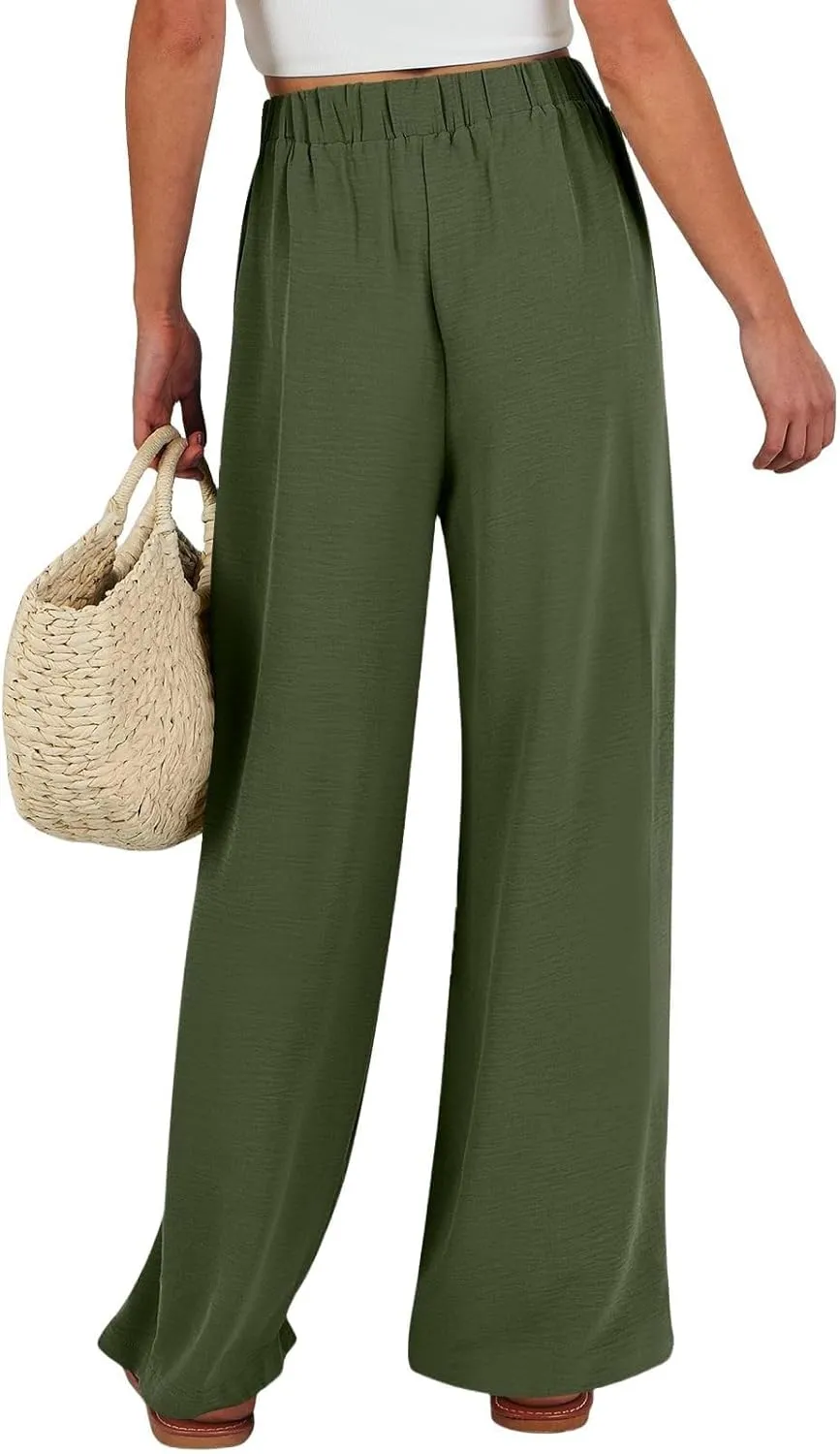 Linen Pants for Women 2025 Summer High Waisted Wide Leg Palazzo Pants Casual Loose Flowy Beach Trousers with Pockets