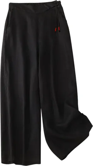 Linen Pants for Women Trendy Elastic Waist Cropped Palazzo Pants Laides Casual Summer Beach Flowy Wide Leg Trousers
