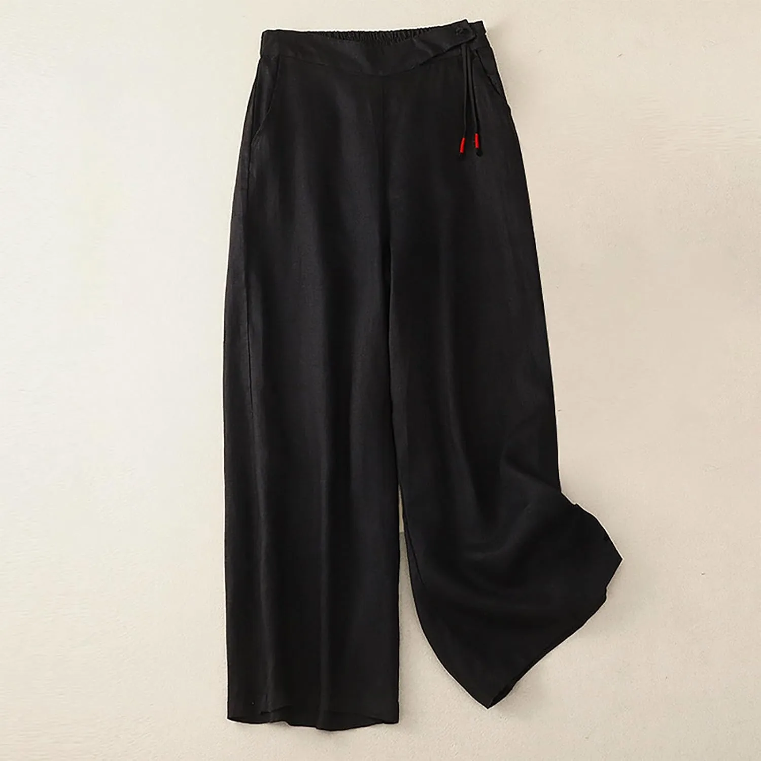 Linen Pants for Women Trendy Elastic Waist Cropped Palazzo Pants Laides Casual Summer Beach Flowy Wide Leg Trousers