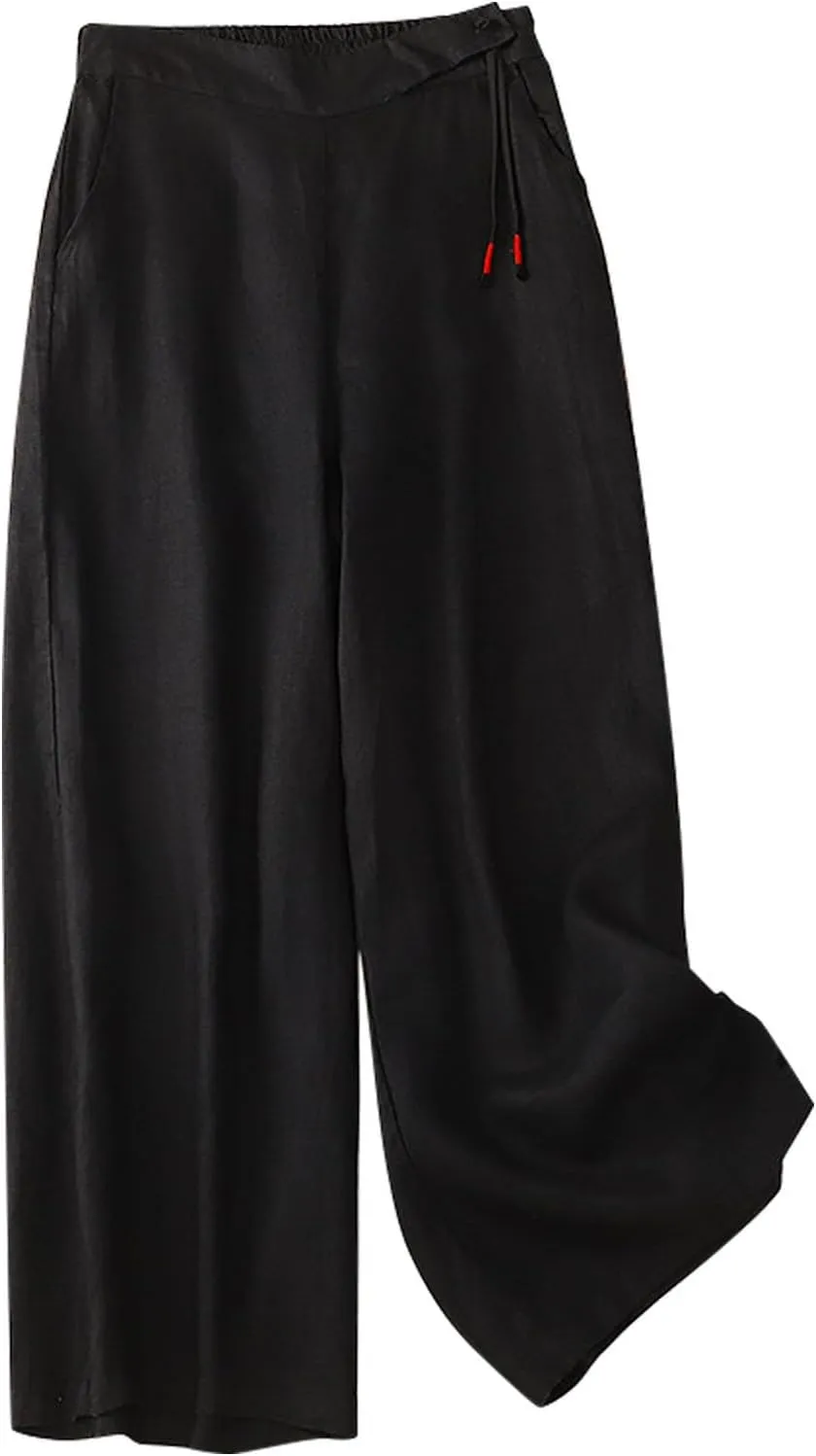 Linen Pants for Women Trendy Elastic Waist Cropped Palazzo Pants Laides Casual Summer Beach Flowy Wide Leg Trousers