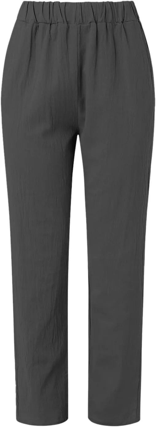 Linen Pants for Women Trendy Elastic Wasit Casual Wide Leg Trousers Ladies Beach Pants with Pockets Summer Clothes
