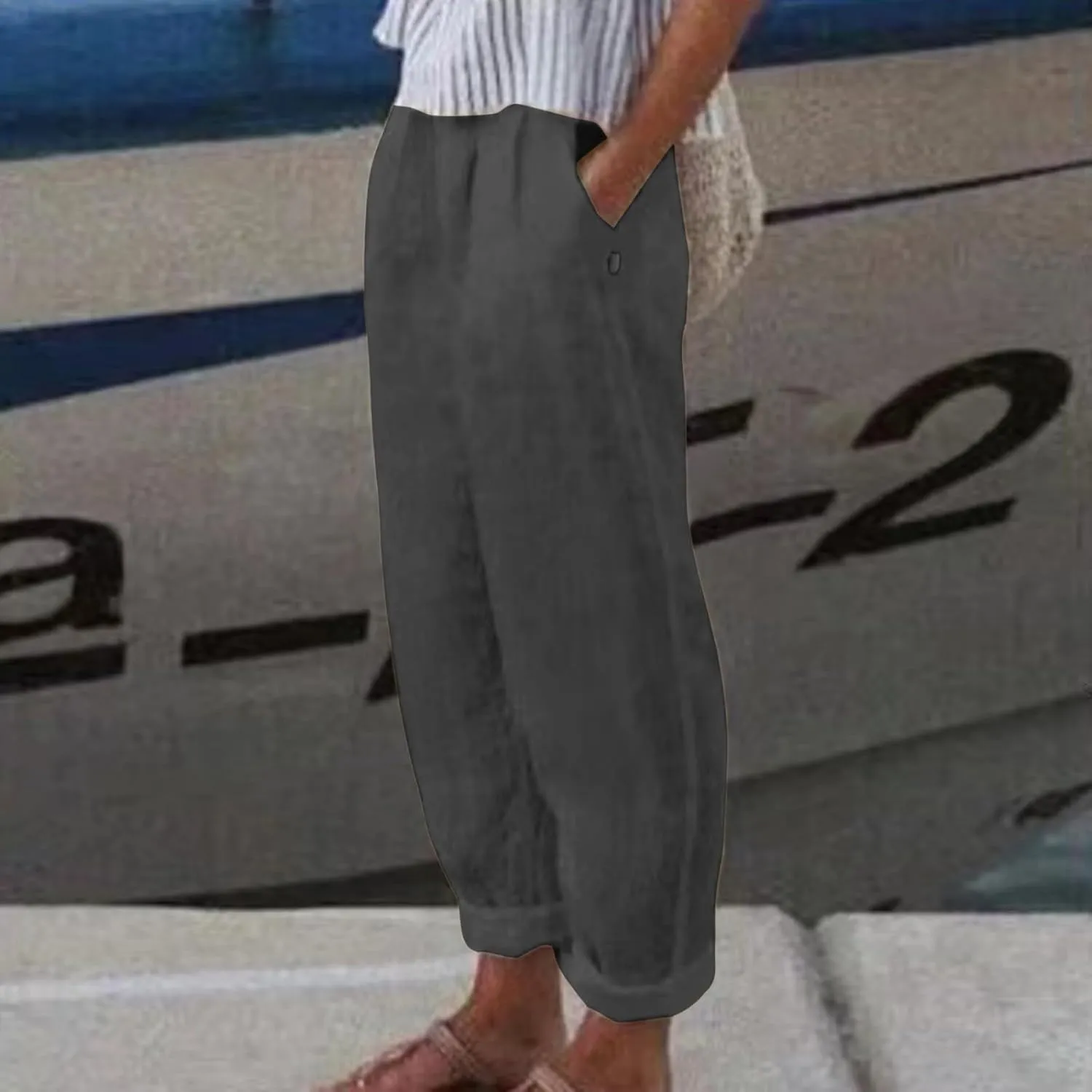 Linen Pants for Women Trendy Elastic Wasit Casual Wide Leg Trousers Ladies Beach Pants with Pockets Summer Clothes