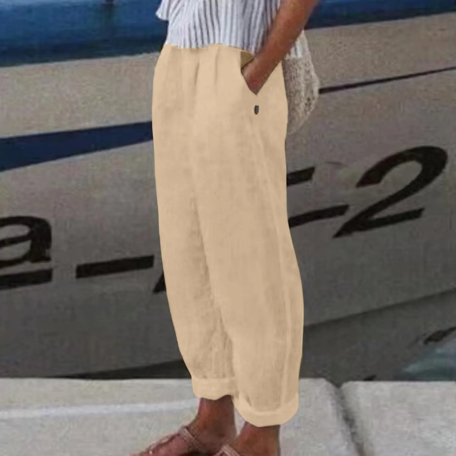 Linen Pants for Women Trendy Elastic Wasit Casual Wide Leg Trousers Ladies Beach Pants with Pockets Summer Clothes